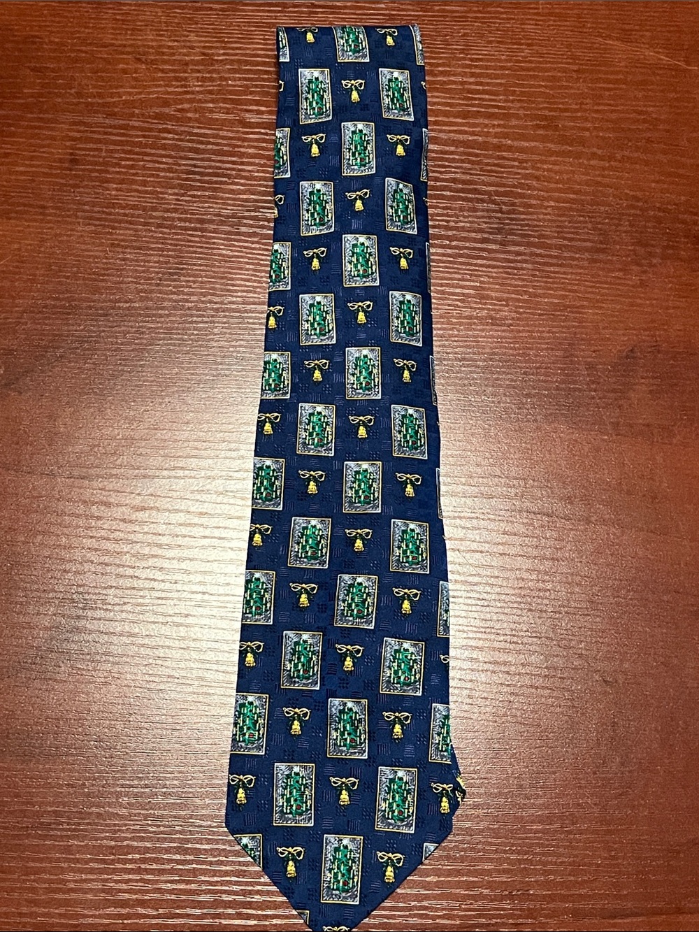 Cape Cod NeckwearMen’s Navy holiday Silk Tie with Green & Gold Geometric Motif